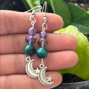 Handmade Amethyst + Blue Tigers Eye Moon Dangle Earrings